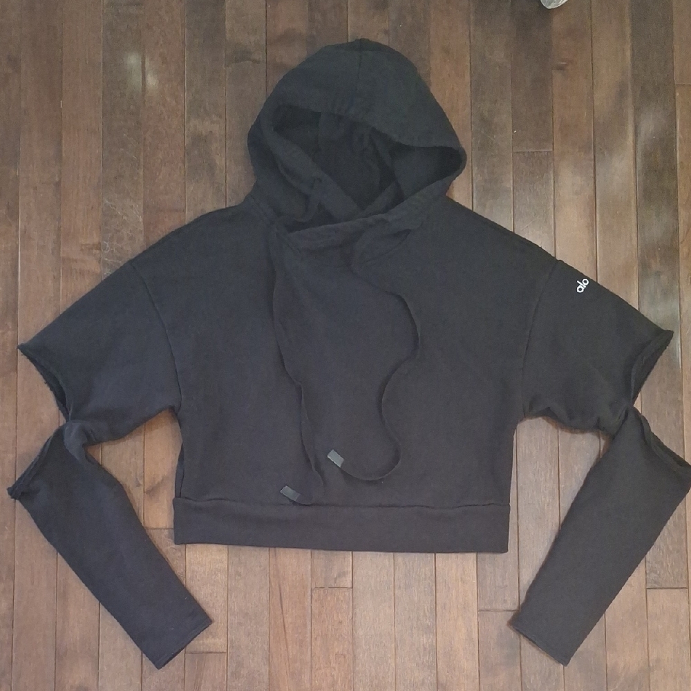 ALO Yoga Black Cropped Hoodie with Detached-Style Sleeves